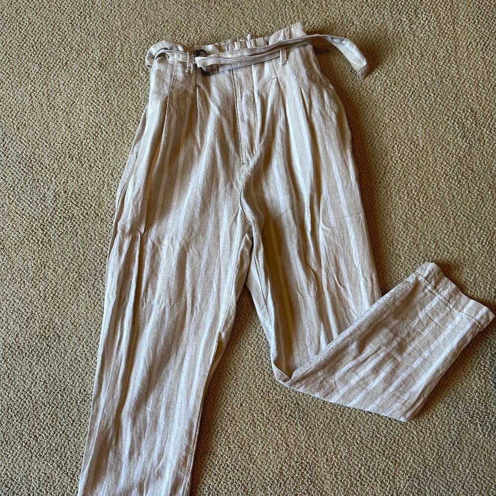 Abercrombie & Fitch Dress Pants Women's Size S Beige Striped Belted Linen Blend